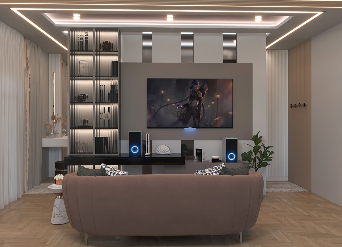 QD-Mini LED ekran teknolojisini temsil eden modern büyük ekran televizyonlu yaşam alanı