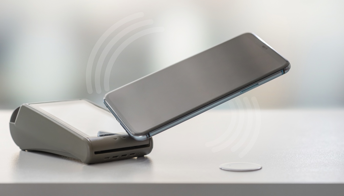 Telefonun temassız ödeme terminali ve NFC etiketiyle yakın alan iletişimini gösteren teknoloji görseli