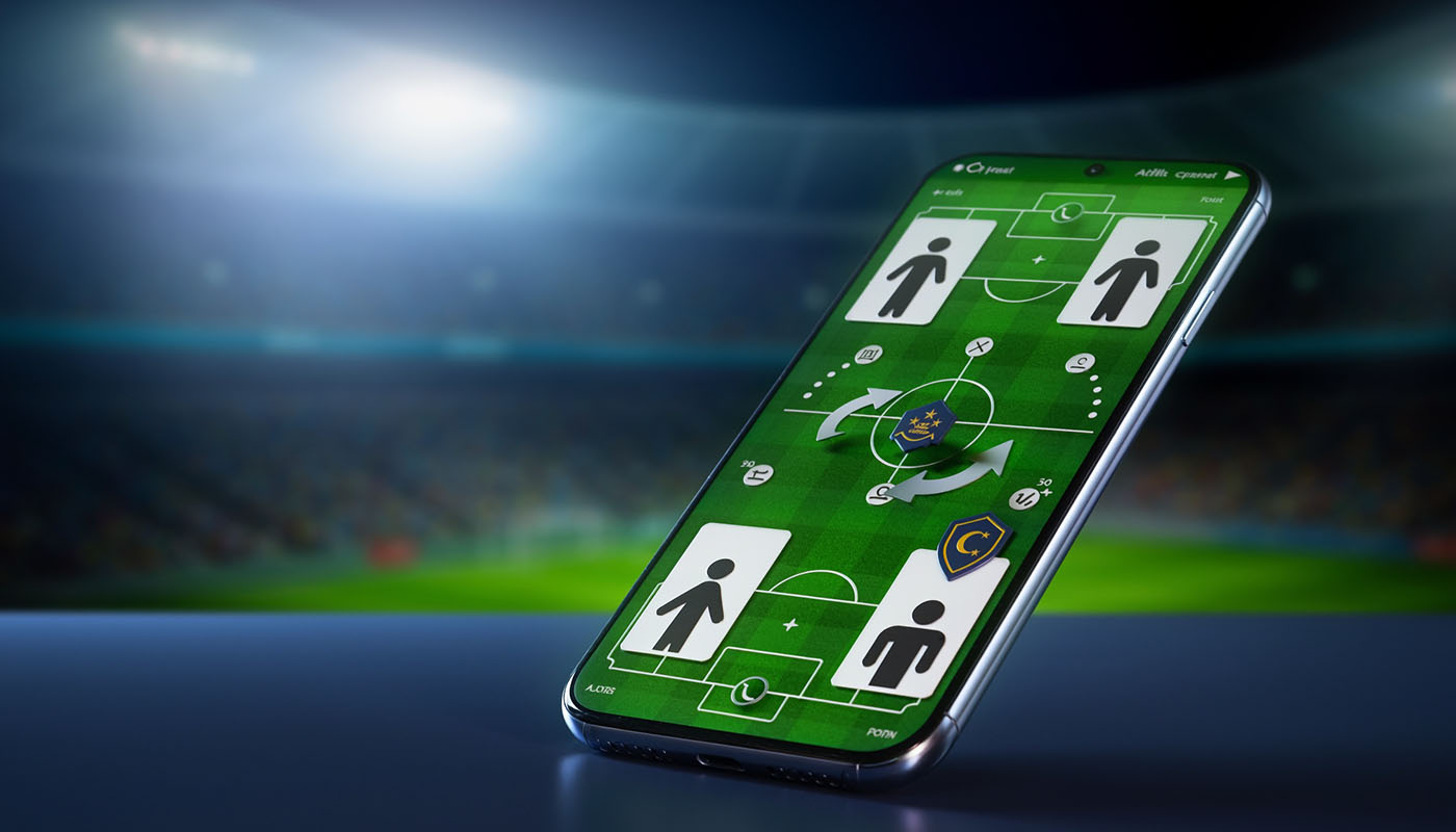 Akıllı telefonda fantezi futbol kadrosu kurma ve puanlama ekranını gösteren görsel