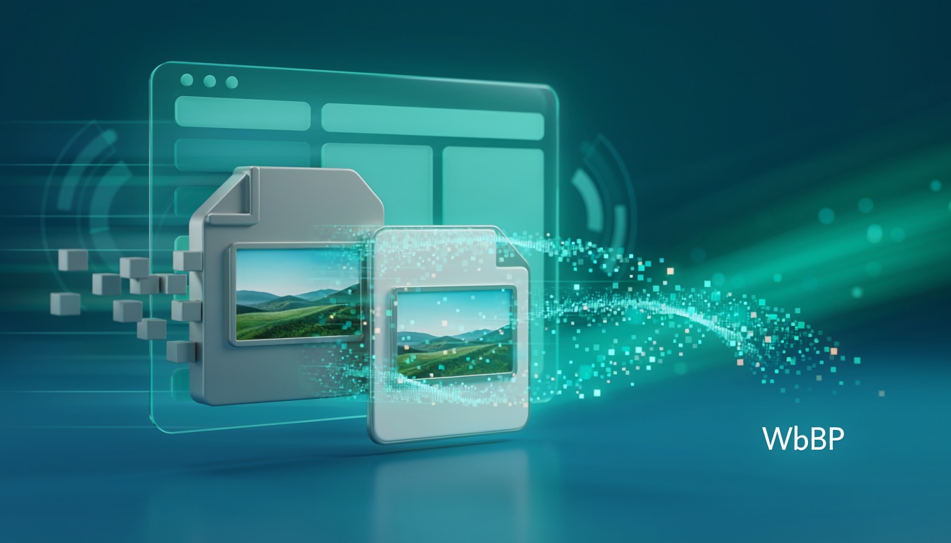 JPEG ve PNG görsellerin daha küçük WebP formatına dönüşmesini temsil eden web optimizasyon görseli