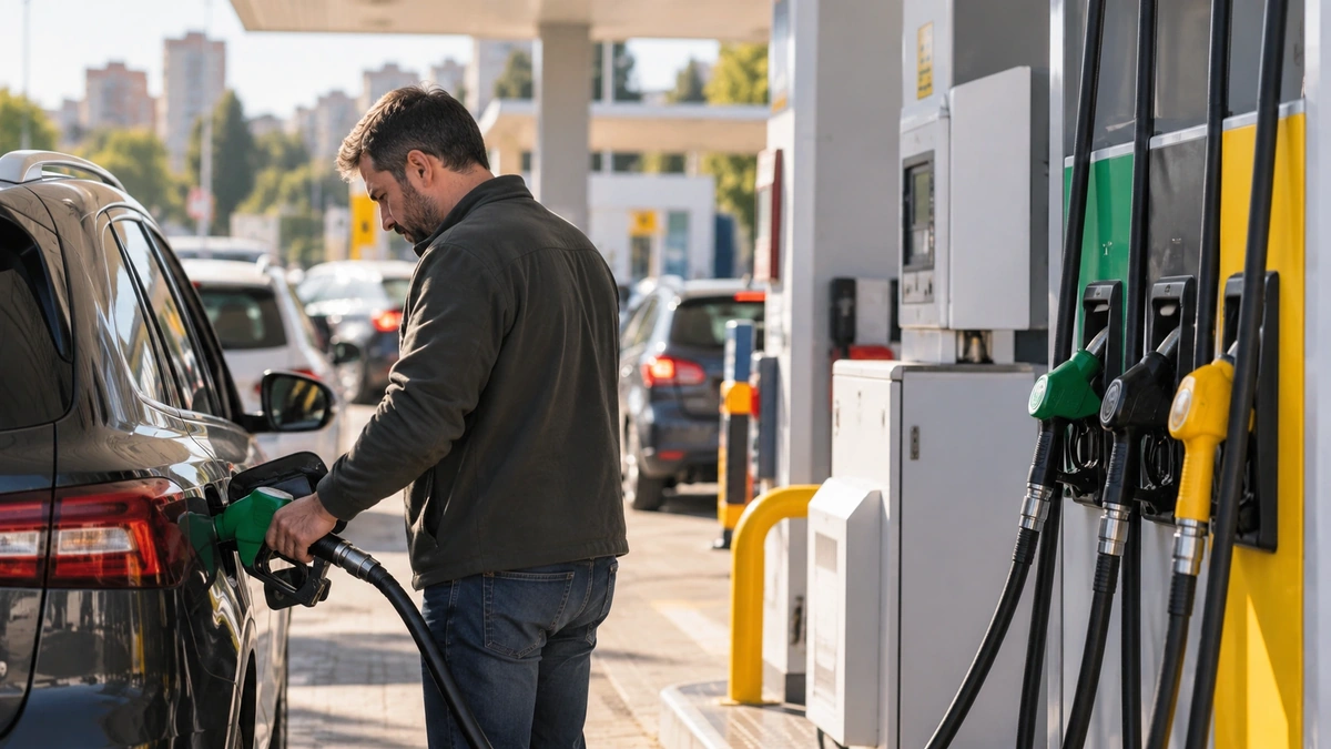 Akaryakıt istasyonunda benzin, motorin ve LPG fiyat değişimini temsil eden araç ve yakıt pompaları