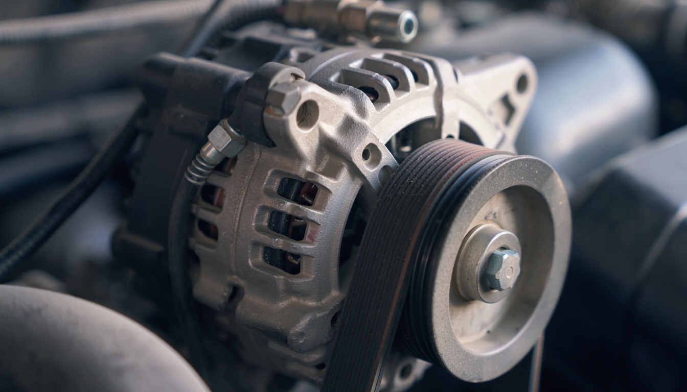 Otomobil motor bölmesinde kayış ve kasnağıyla görünen alternatör