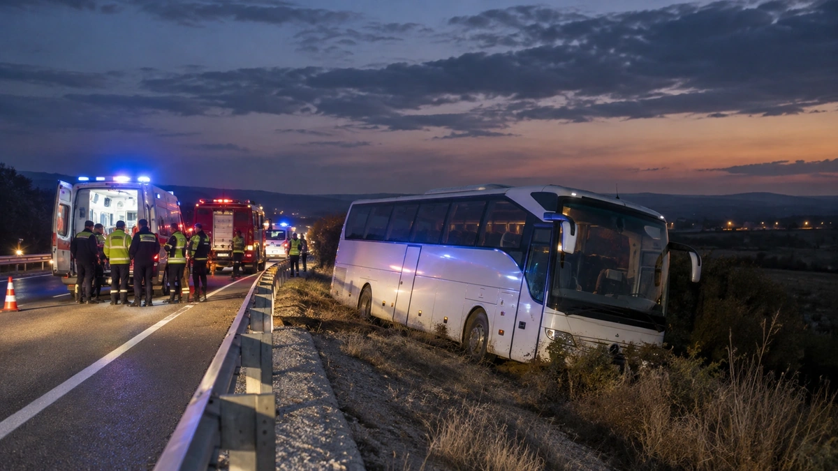 Amasya Merzifon'da yoldan çıkan yolcu otobüsünün bulunduğu bölgede çalışan acil durum ekipleri