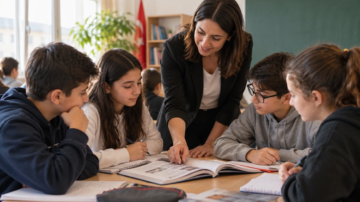 Ortaokul sınıfında vatandaşlık ve anayasa konusu çalışan öğrenciler