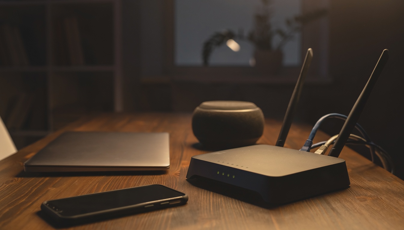 Ev ağında DHCP ile otomatik ağ yapılandırmasını temsil eden modem, dizüstü bilgisayar ve telefon