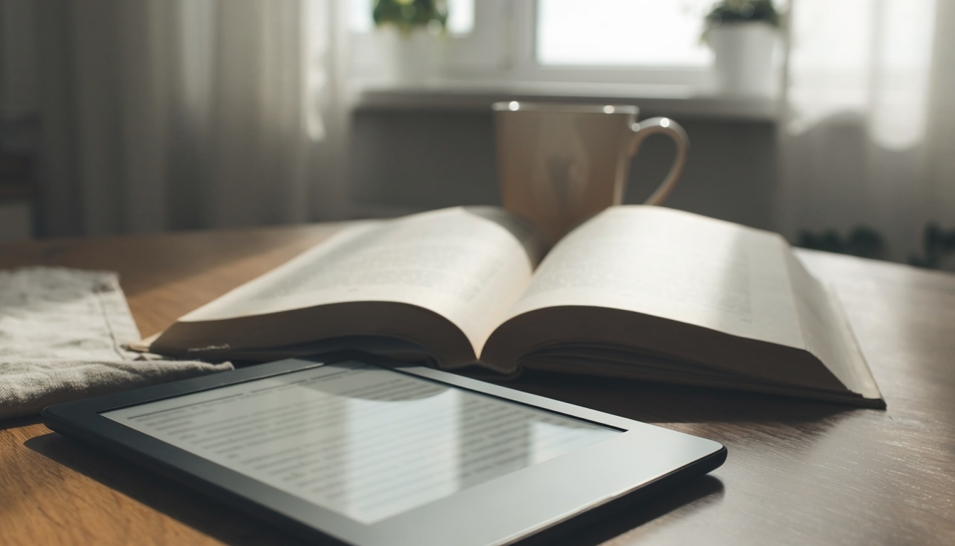 Pencere yanında kitapla birlikte duran e-mürekkep ekranlı e-kitap okuyucu