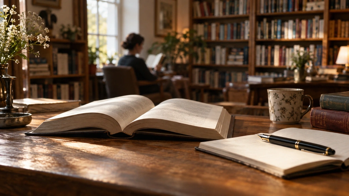 Kütüphanede açık kitap ve not defteri bulunan çalışma masası