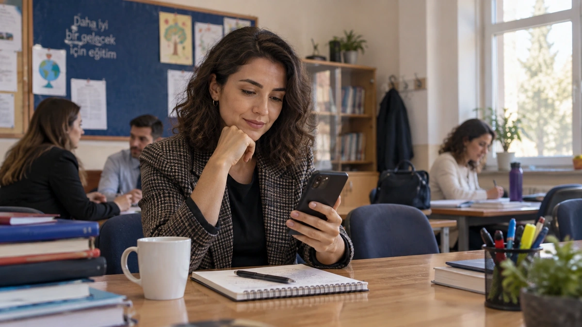 Öğretmenler odasında telefonundan eğitim ödeneği ödemesini kontrol eden öğretmen