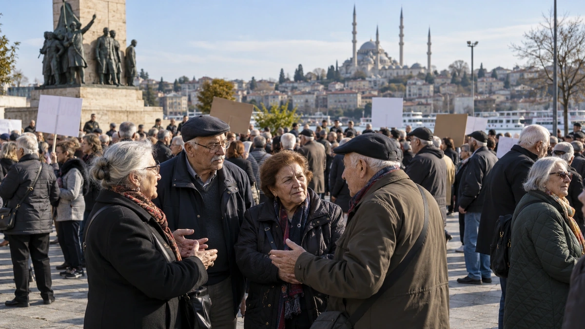 Seyyanen zam talebiyle şehir meydanında bir araya gelen emeklileri temsil eden editoryal sahne