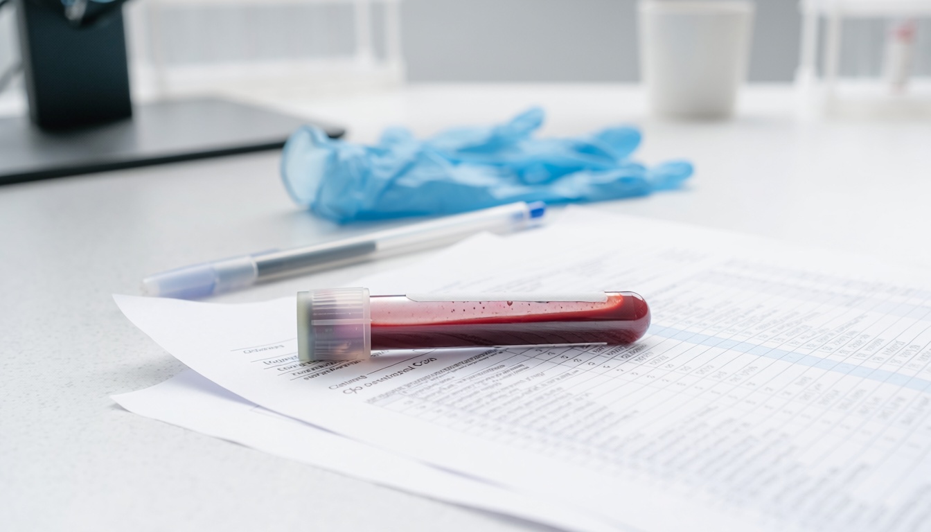 Hemoglobin testi için laboratuvarda kan örneği ve kan sayımı raporu