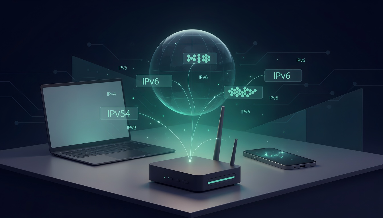 Router, dizüstü bilgisayar ve telefon arasında IP adresiyle ağ iletişimini gösteren özgün görsel
