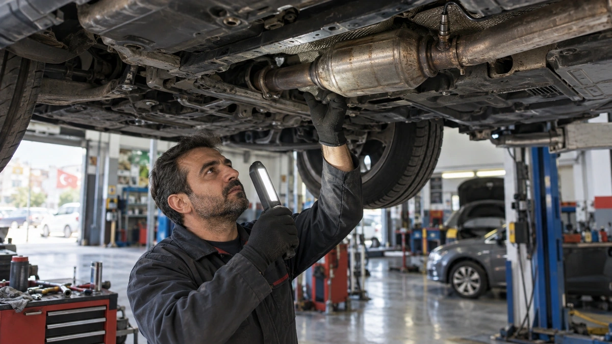 Liftteki otomobilin katalitik konvertörünü inceleyen servis teknisyeni