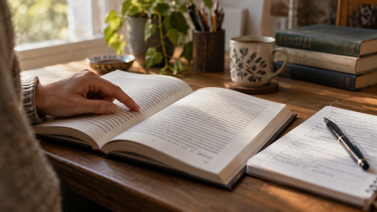 Açık kitap ve defter üzerinde kelime çalışan bir kişinin eli