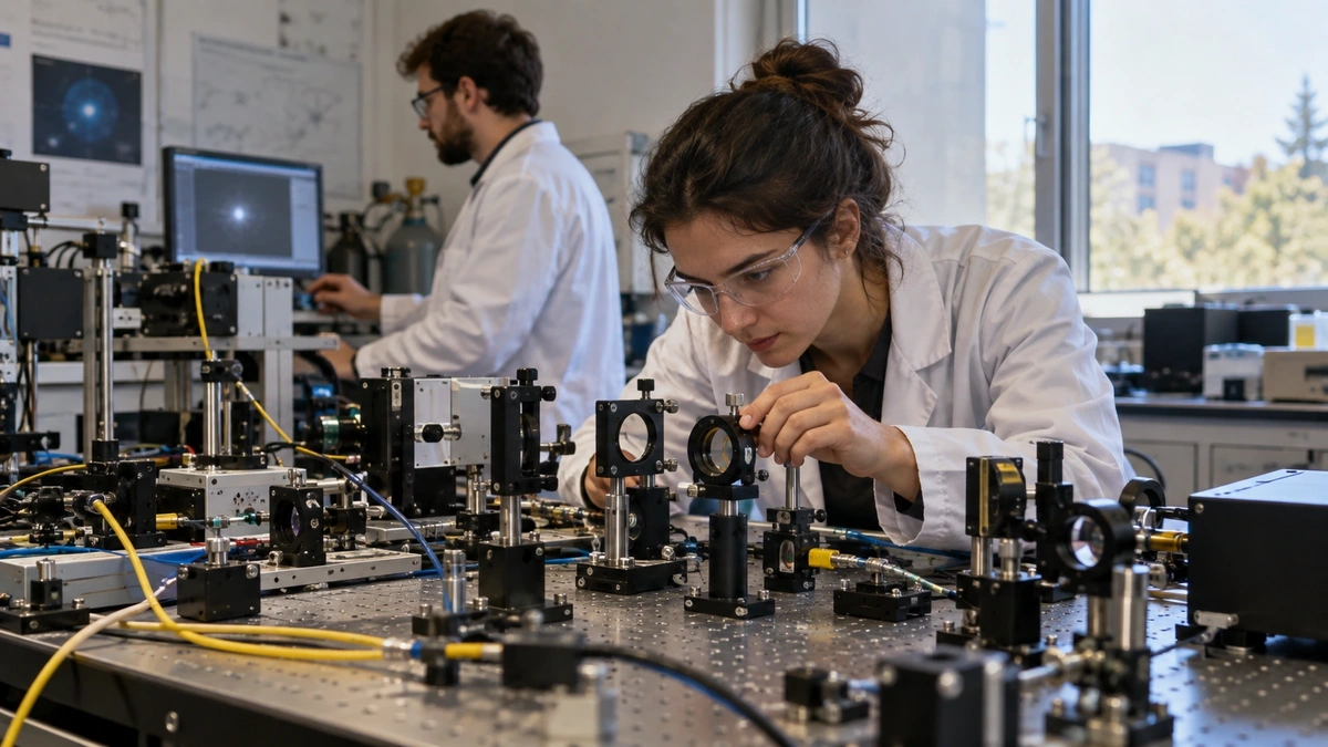 Kuantum fiziği deneyinde optik düzenekleri ayarlayan araştırmacılar
