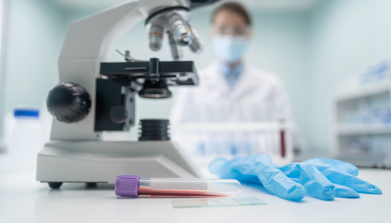 Lenfosit LYM testi için laboratuvarda kan örneği ve mikroskop