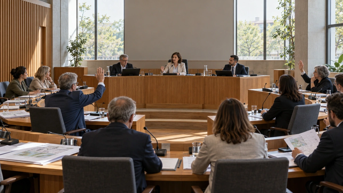 Belediye meclisi toplantısında yerel kararları görüşen seçilmiş üyeler