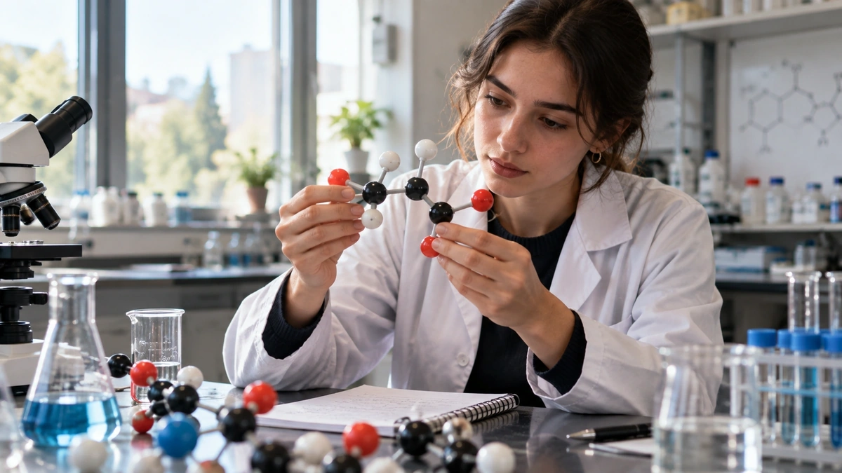 Kimya laboratuvarında fiziksel molekül modelini inceleyen öğrenci