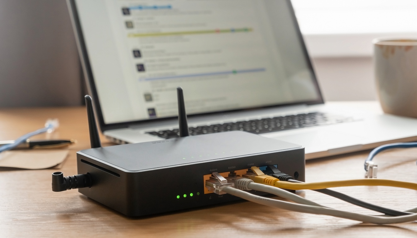 Ethernet kabloları bağlı ev tipi ağ yönlendiricisi