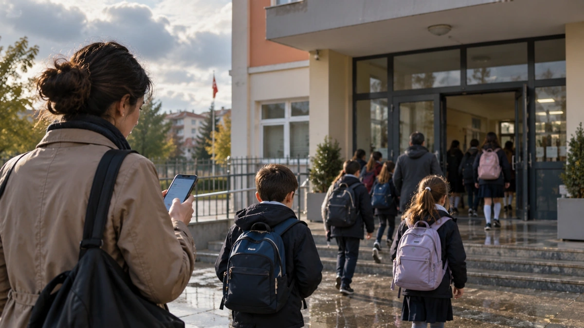 Sabah okul girişinde öğrenciler ve telefonundan duyuru kontrol eden veli