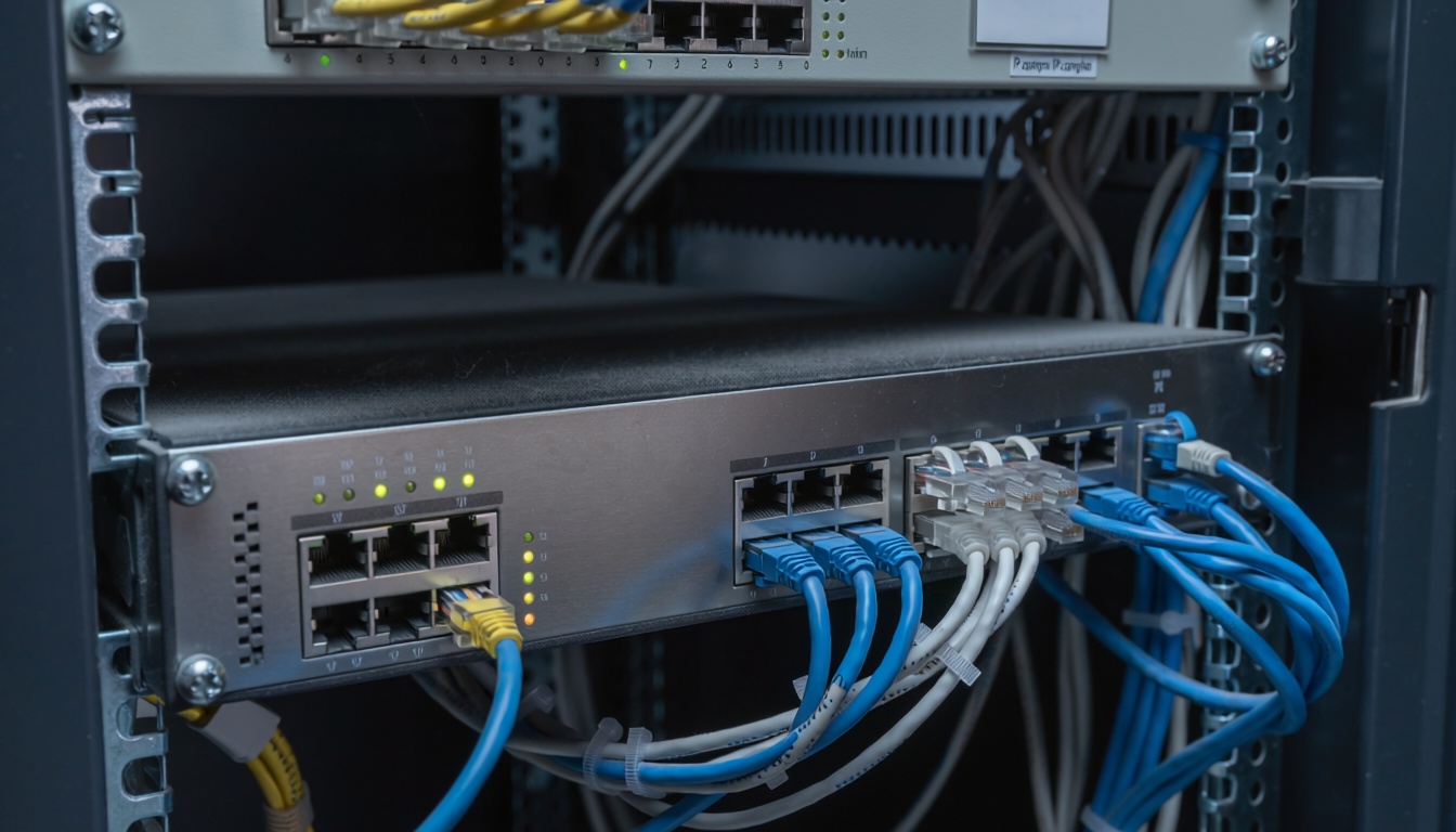 Ağ kabloları bağlı PoE switch ve ağ kabini