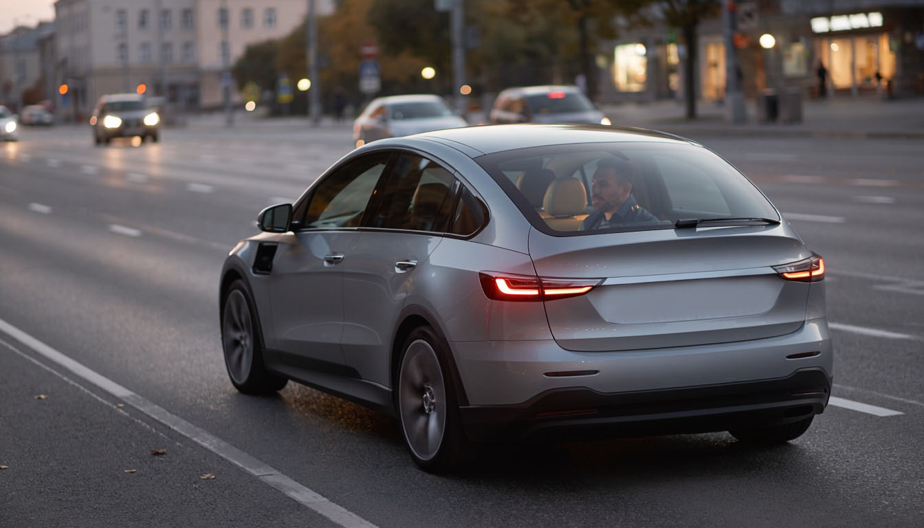 Şehir yolunda yavaşlayan modern elektrikli otomobil