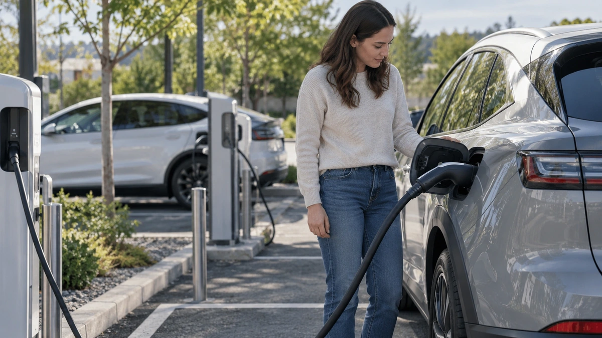 Şarj istasyonuna bağlı salt elektrikli otomobili kontrol eden sürücü