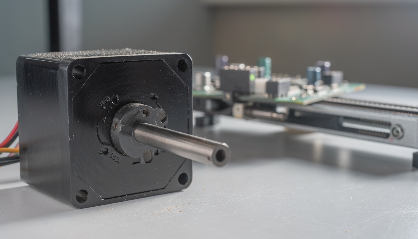 Elektronik çalışma masasında metal gövdeli gerçekçi bir step motor ve arka planda hareket kontrol bileşenleri
