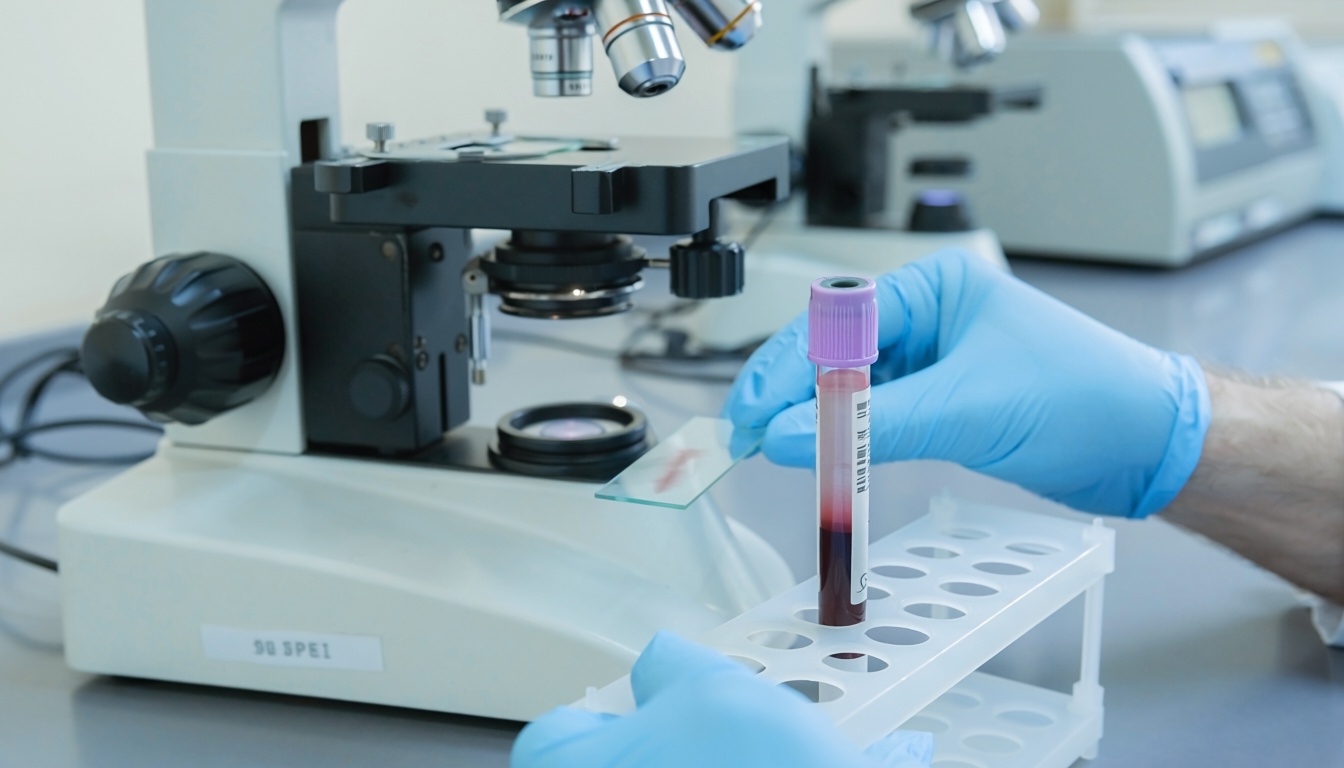 Trombosit PLT testi için kan örneği, mikroskop ve laboratuvar lamı