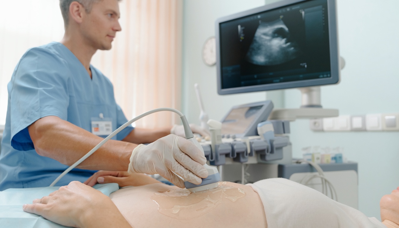 Klinikte karın ultrasonu yapılan hasta ve ultrason cihazı