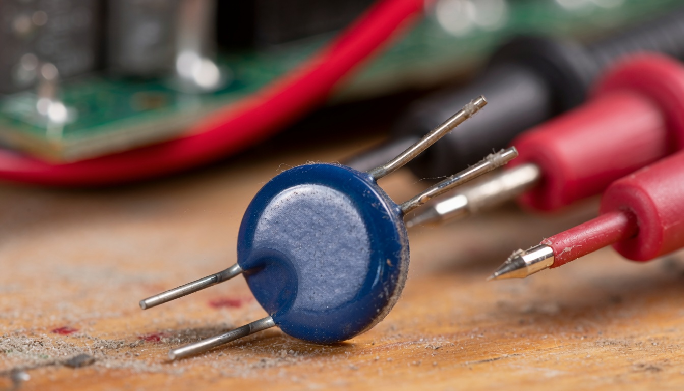 Elektronik devre kartı yanında mavi disk biçimli metal oksit varistör